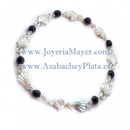 Pulsera de azabache y plata conchas de Compostela